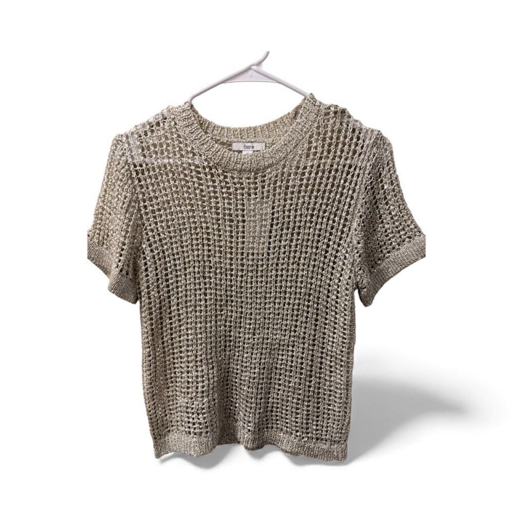Bar III, Metallic Open Knit Short Sleeve Top, Size XS, (NWT w/Flaw) (Y2K Mesh)